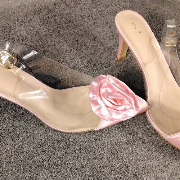 Allegra K Womens shoes Pink Satin Rose Heels Size 9 Clear Strap Pointed Toe Pump - Picture 2 of 13